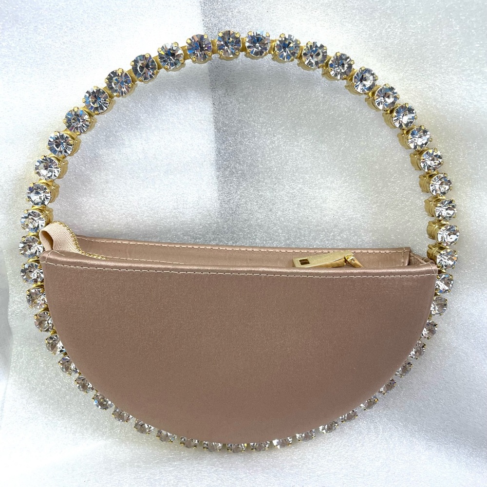 Crystal-Handle Satin Half-Moon Clutch in Blush